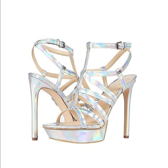 Guess Eleri Strappy Metallic Finish Heeled Sandals - Picture 1 of 8
